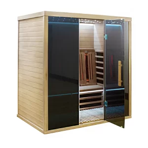 Sauna JIP180 with black glasses, pictured from the side with the door open.