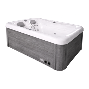 JJSPA Gamma 220 hot tub with grey exterior cladding, a white shell, massage jets and headrests – angled view.