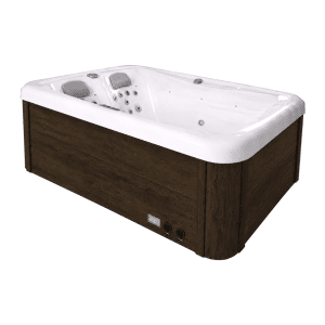 Gamma 220 hot tub with brown exterior cladding, massage jets and headrests – angled view.
