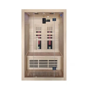 JJSPA JI120A infrared sauna with a glass door, wooden bench and infrared heaters – front view.
