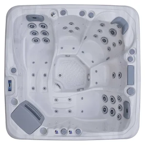 JJSPA Beta 523 hot tub with white marble acrylic interior, layout top view.