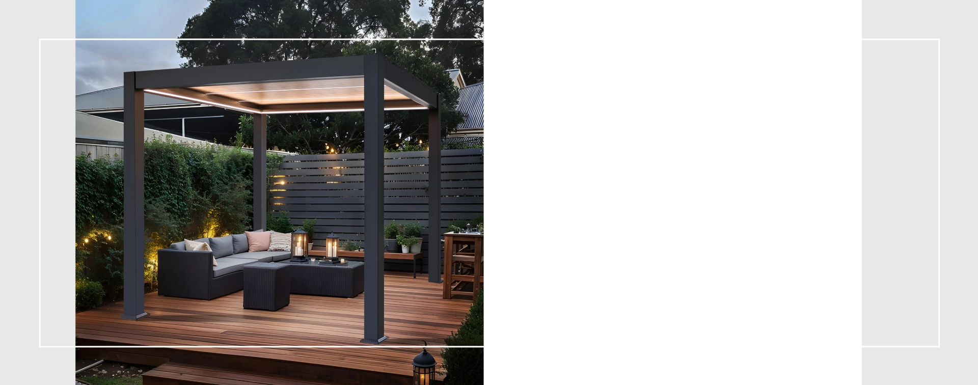 Aluminium pergola on a wooden terrace with ambient lighting.